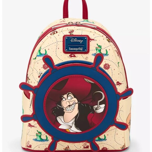 Loungefly Disney Peter Pan Captain Hook Mini Backpack Ship Wheel Map Pattern Bag - Picture 1 of 4